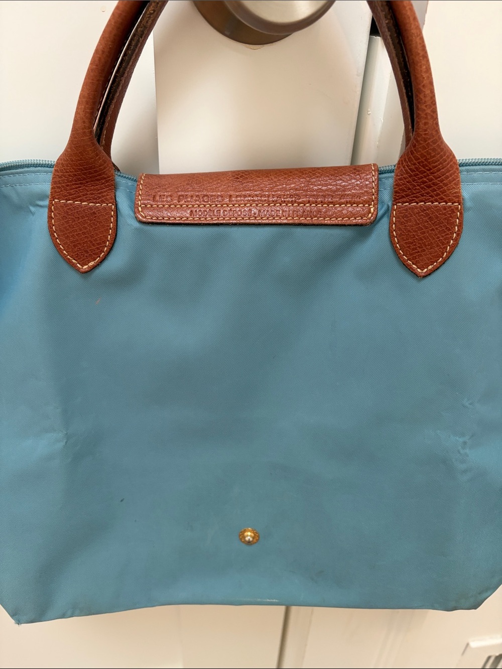Longchamp Style Teal Tote with Brown Leather Trim - Picture 3 of 6